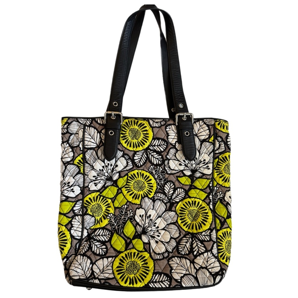 Vera Bradley Citron Yellow Black Flower Quilted Buckle Strap Tote Bag Purse